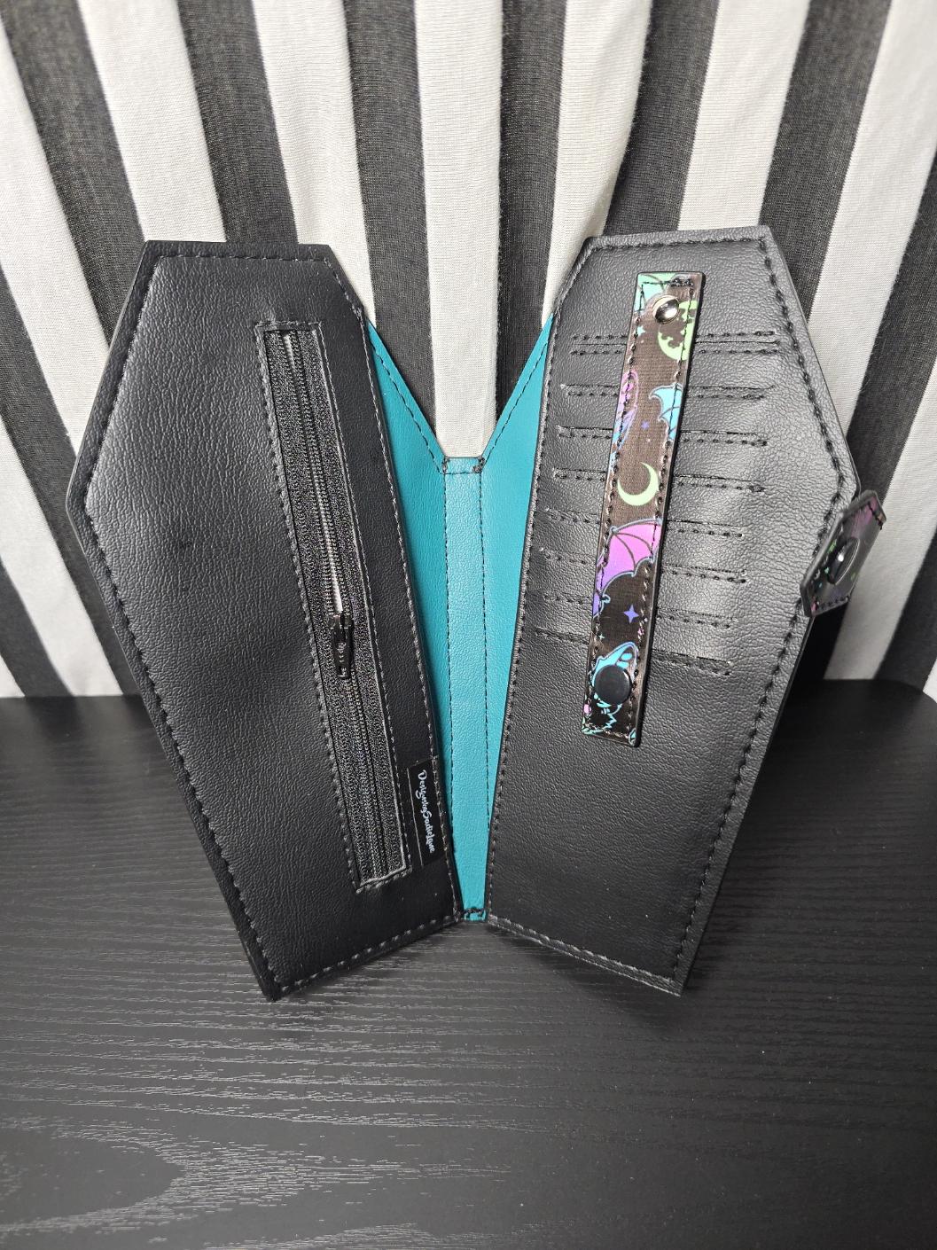 Handmade Vinyl Coffin Shaped Full Sized Wallet Technicolor Bats